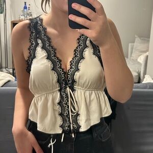 RUMORED tie front  satin and lace going out top